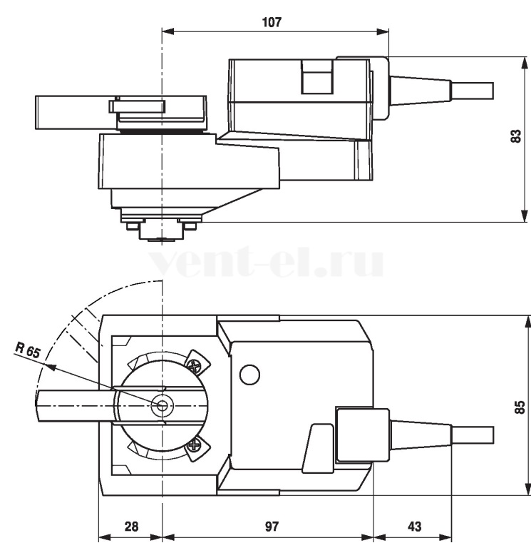 Габаритные размеры привода Belimo NR24A-SR