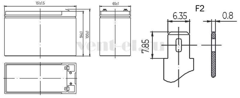 Размеры свинцовой аккумуляторной батареи HRL1236W MNB