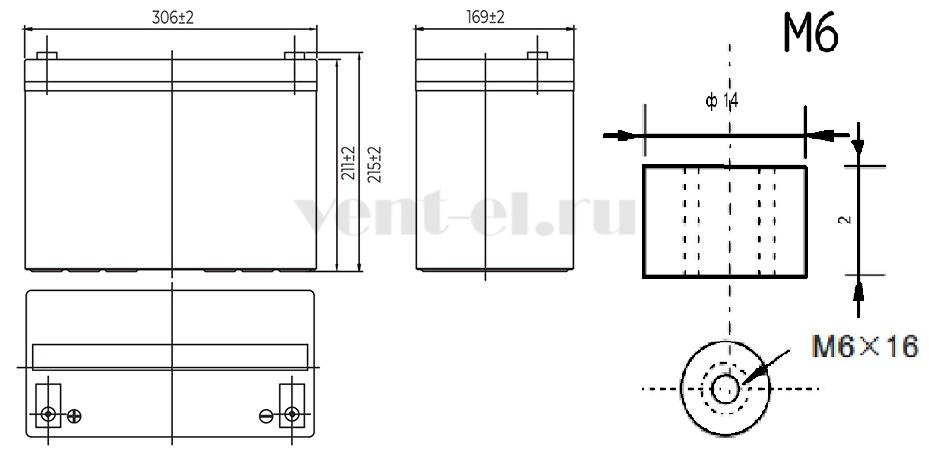 Размеры свинцовой аккумуляторной батареи HRL12390W MNB