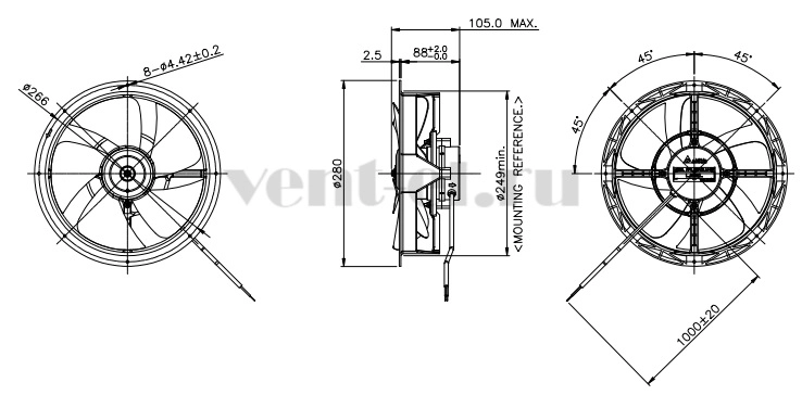 Габаритные размеры осевого вентилятора AFL28A2LU-BR Delta Electronics