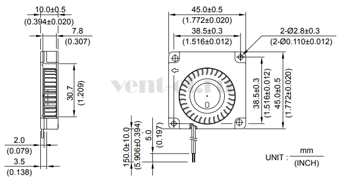 Габаритные размеры центробежного вентилятора BFB04512MA Delta Electronics
