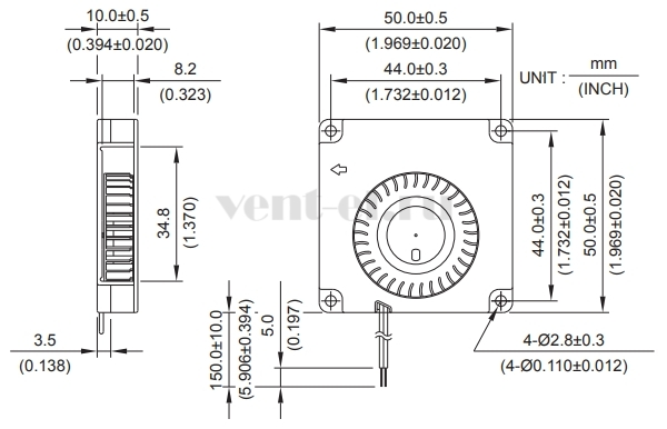 Габаритные размеры центробежного вентилятора BFB0505HHA Delta Electronics