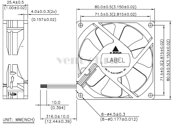 Габаритные размеры осевого вентилятора DSB0812H Delta Electronics