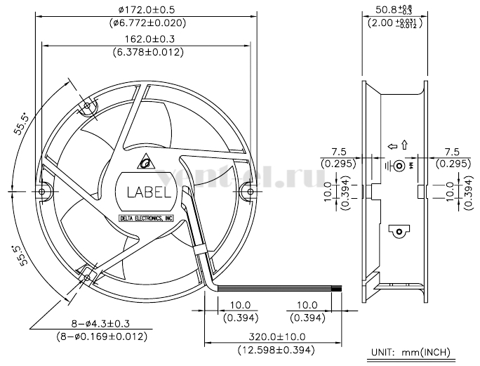 Габаритные размеры осевого вентилятора EFC1748DG-6A56R Delta Electronics