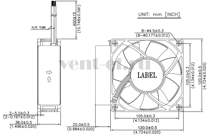 Габаритные размеры осевого вентилятора GTW012FU604 Delta Electronics