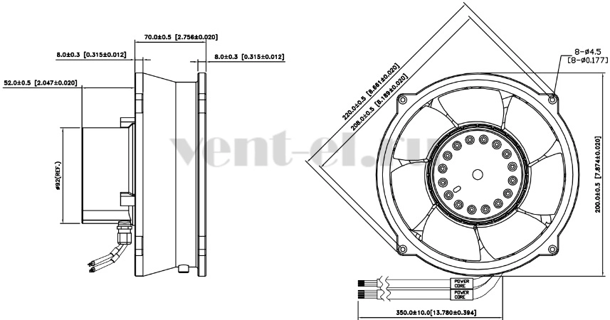 Габаритные размеры осевого вентилятора GTW020EUB12 Delta Electronics