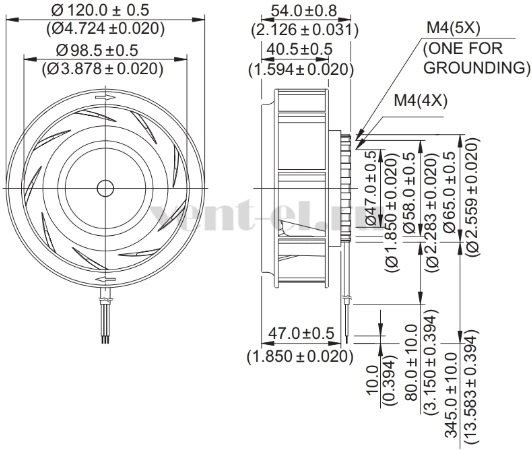 Габаритные размеры центробежного вентилятора KHB1248VHS-R00 Delta Electronics