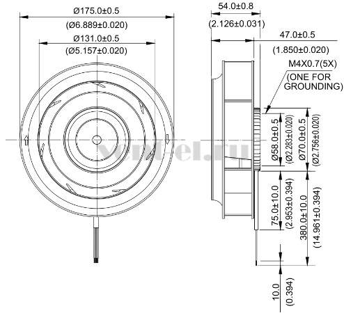 Габаритные размеры центробежного вентилятора KHB1748HHS Delta Electronics