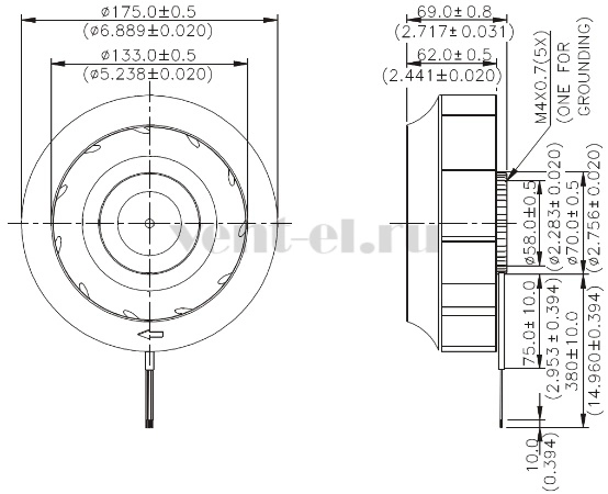 Габаритные размеры центробежного вентилятора KHB1748HHT-R00 Delta Electronics