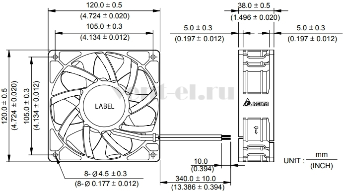 Габаритные размеры осевого вентилятора QFR1212GHE-9D89 Delta Electronics Габаритные размеры осевого вентилятора QFR1212GHE-9D89 Delta Electronics