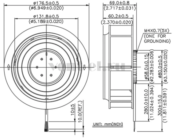 Габаритные размеры центробежного вентилятора TCA1748BT-00P8 Delta Electronics