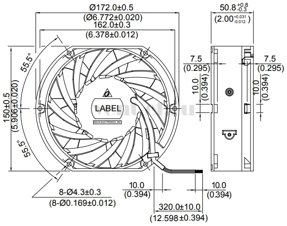 Габаритные размеры осевого вентилятора THB1548EG-00P6 Delta Electronics