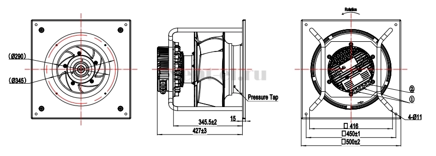 Габаритные размеры центробежного EC-B вентилятора EC137-B355-C09 188-005-C-500 Dunli