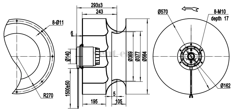 Габаритные размеры центробежного YWF-B вентилятора YWF.B4T-560-243AB20 Dunli