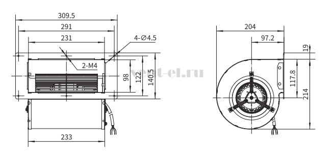 Габаритные размеры центробежного YWF-B вентилятора YWF.F4S-146-189AA00 Dunli