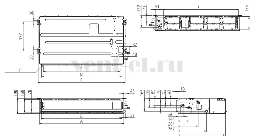 Габариты внутреннего блока Fujitsu ARXG12KLLAP
