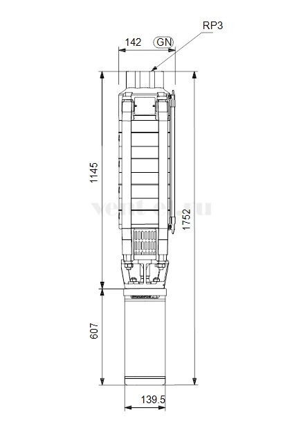 Габаритные размеры скважинного насоса Grundfos SP 30-9 MS6000