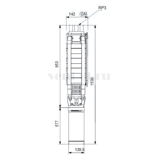 Габаритные размеры скважинного насоса Grundfos SP 30-7N MS4000
