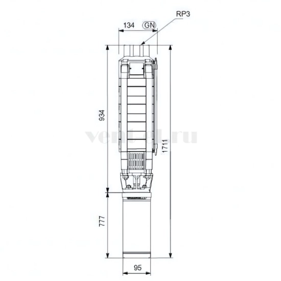 Габаритные размеры скважинного насоса Grundfos SP 30-7N MS6000