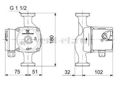 Габаритные размеры циркуляционного насоса Grundfos UPS 25-40 180 с гайками