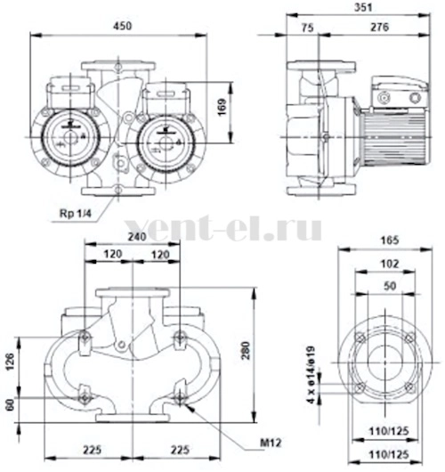Габаритные размеры циркуляционного насоса Grundfos UPSD 50-120 F