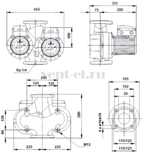 Габаритные размеры циркуляционного насоса Grundfos UPSD 50-180 F