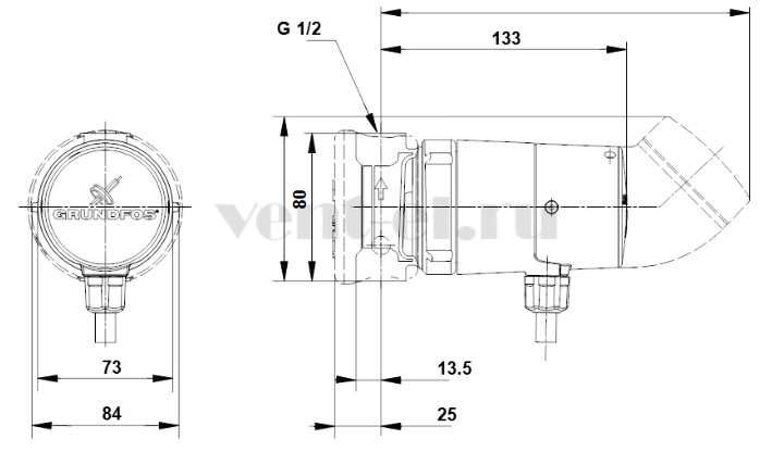 Габаритные размеры циркуляционного насоса Grundfos UP 15-14 B 80