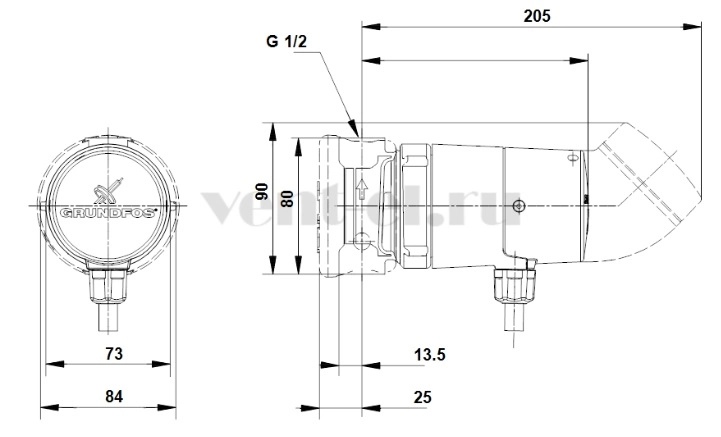 Габаритные размеры циркуляционного насоса Grundfos UP 15-14 BU 80