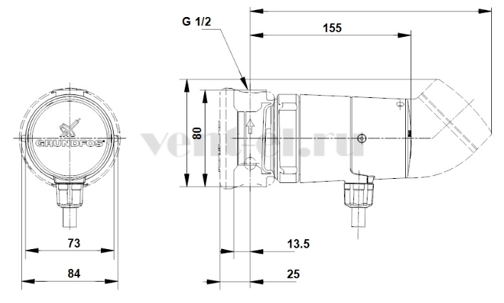 Габаритные размеры циркуляционного насоса Grundfos UP 15-14 BT 80