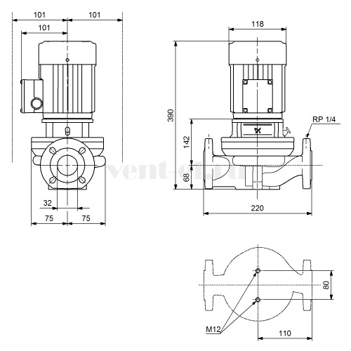 Габаритные размеры центробежного насоса Grundfos TP 32-30/4