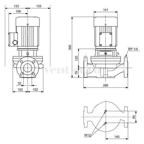 Габаритные размеры центробежного насоса Grundfos TP 32-40/4