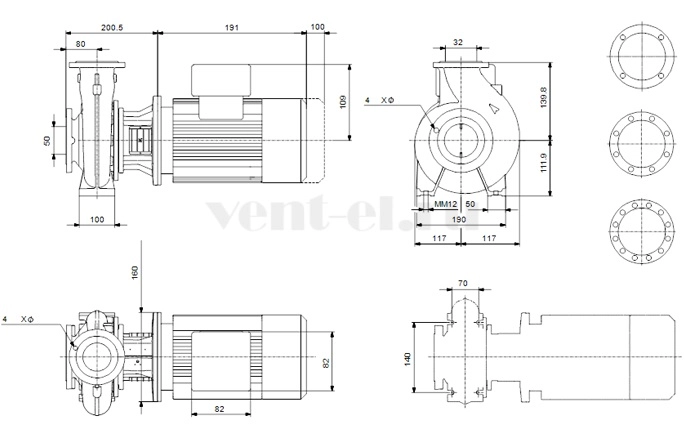 Габаритные размеры консольного насоса Grundfos NB 32-125/142 F2 Габаритные размеры консольного насоса Grundfos NB 32-125/142 F2