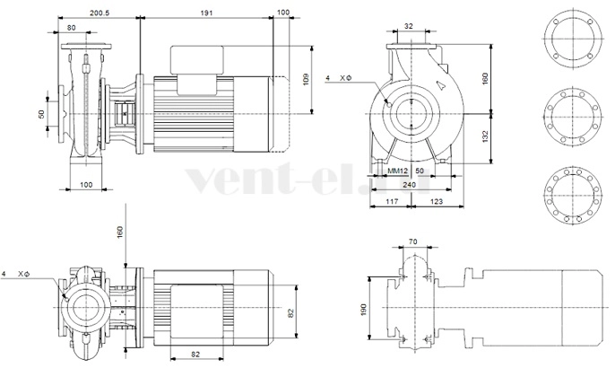 Габаритные размеры консольного насоса Grundfos NB 32-160.1/172 F2 Габаритные размеры консольного насоса Grundfos NB 32-160.1/172 F2
