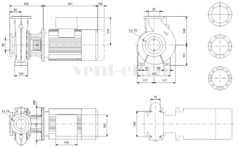 Габаритные размеры консольного насоса Grundfos NB 32-125/130 F2 Габаритные размеры консольного насоса Grundfos NB 32-125/130 F2