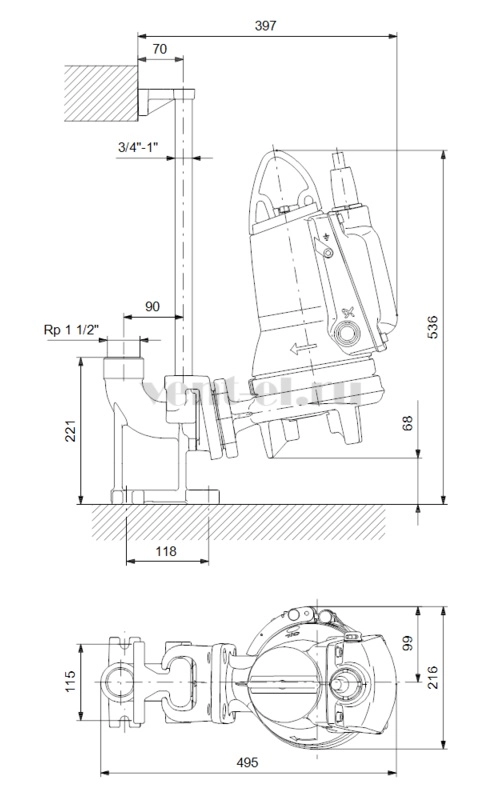 Габаритные размеры канализационного насоса Grundfos SEG.40.12.E.2.1.502