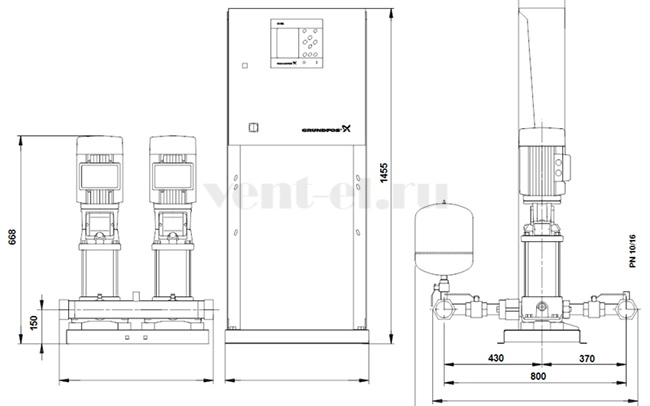 Габаритные размеры установки повышения давления Grundfos HYDRO MPC-F 2CR10-3