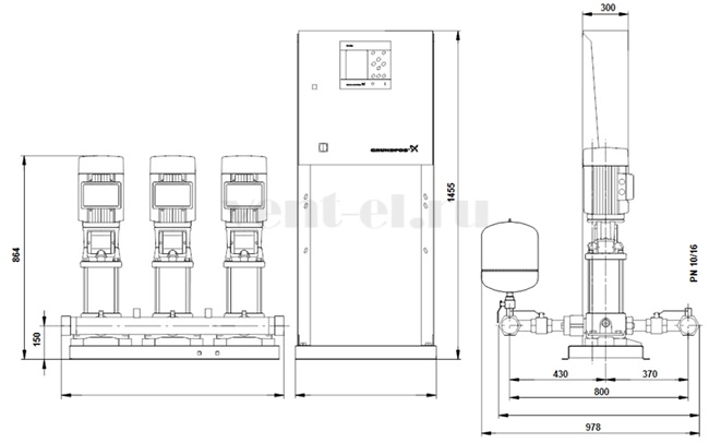 Габаритные размеры установки повышения давления Grundfos HYDRO MPC-F 3CR10-6