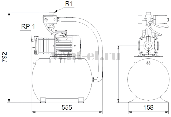 Габаритные размеры насосной установки Grundfos CMB 3-55 (бак 60 литров)