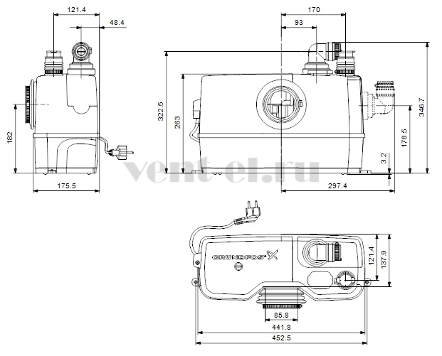 Габаритные размеры канализационной установки Grundfos Sololift2 WC-1
