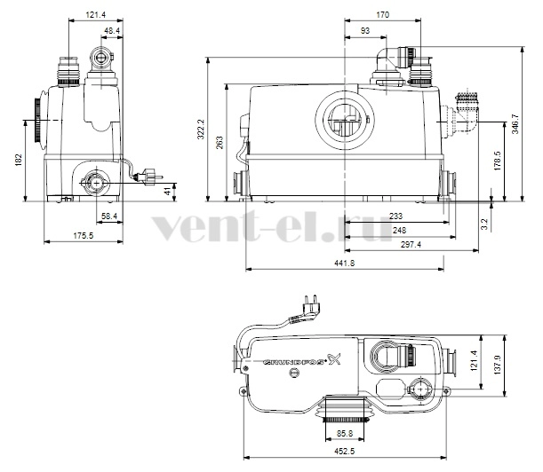 Габаритные размеры канализационной установки Grundfos Sololift2 WC-3