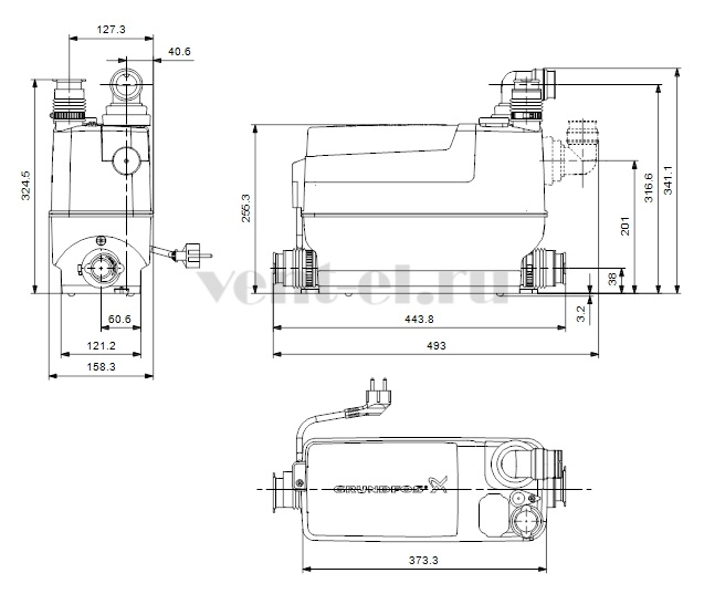Габаритные размеры канализационной установки Grundfos SOLOLIFT2 C-3