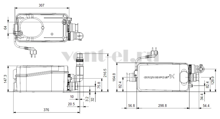 Габаритные размеры канализационной установки Grundfos Sololift2 D-2