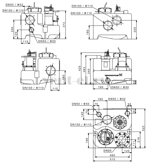 Габаритные размеры канализационной установки Grundfos Multilift MSS.11.1.2 4m