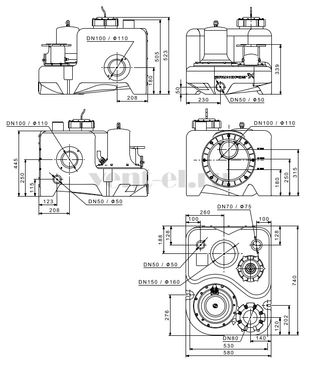 Габаритные размеры канализационной установки Grundfos Multilift M.15.1.4