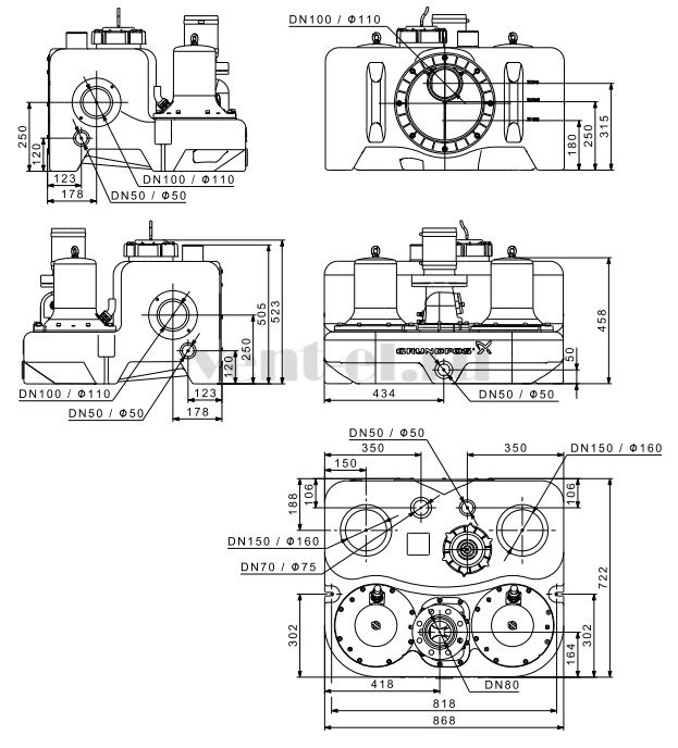 Габаритные размеры канализационной установки Grundfos Multilift MD.12.3.4