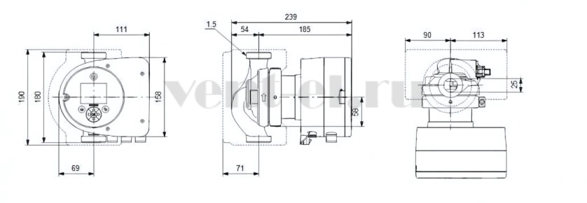 Габаритные размеры циркуляционного насоса Grundfos MAGNA3 25-100 N