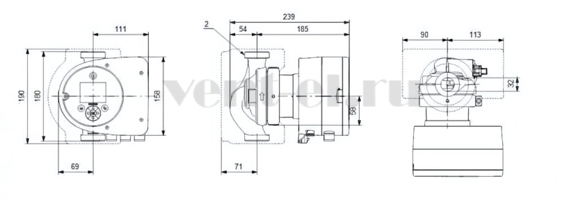 Габаритные размеры циркуляционного насоса Grundfos MAGNA3 32-100 N