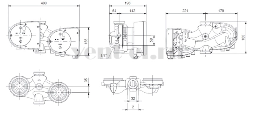 Габаритные размеры циркуляционного насоса Grundfos MAGNA1 D 32-60