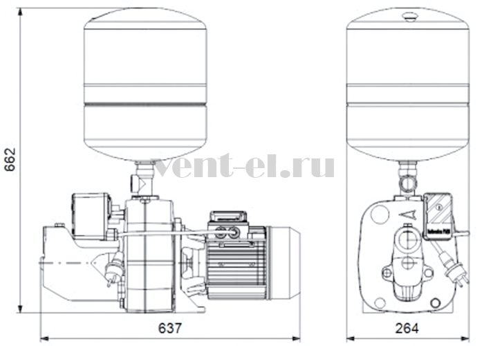 Габаритные размеры насосной станции Grundfos JPA 8-62 PT-V