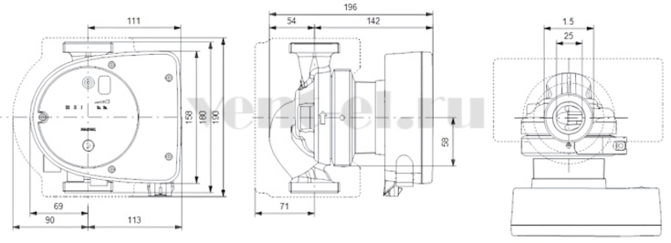 Габаритные размеры циркуляционного насоса Grundfos MAGNA1 25-80 180